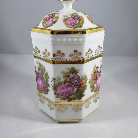 Birks Fragonard "Courting Couple" Patern Octagonal Container with Gold Trim - Picture 2 of 8